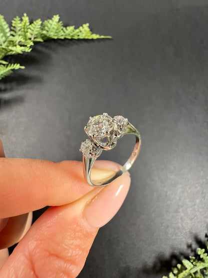 Vintage Three Stone Diamond Engagement Ring In 14 Carat White Gold