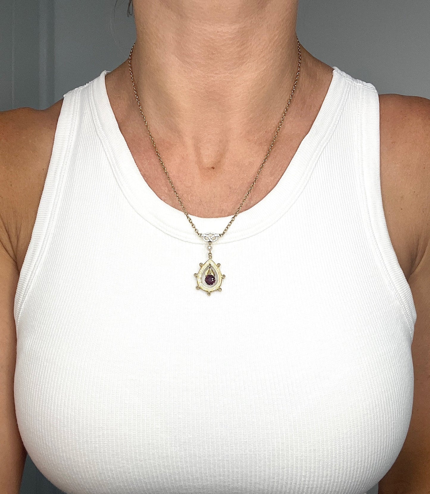 Antique 15 ct Gold, Edwardian Garnet, Diamond, Seed Pearl And Enamel Pendant Necklace