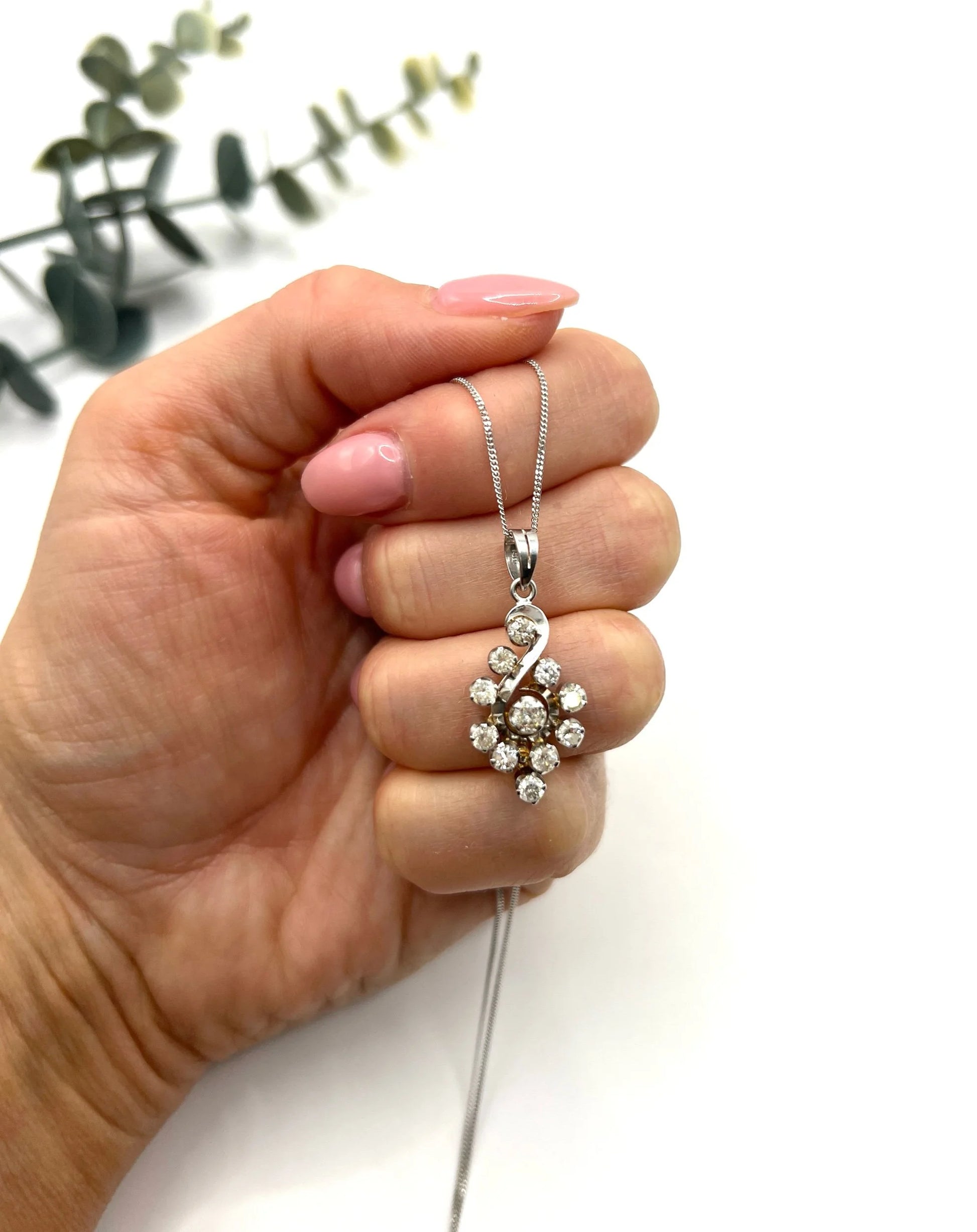 Vintage 18 Carat White Gold, 1980's 1.20 Carat Diamond Swirl Pendant Necklace