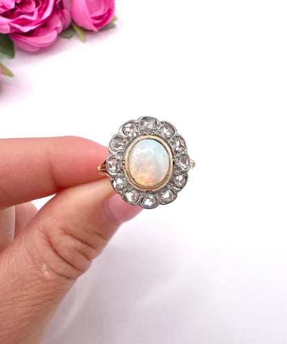 Victorian 18 Carat Yellow Gold Opal and Diamond Oval Cluster Ring, Circa 1890