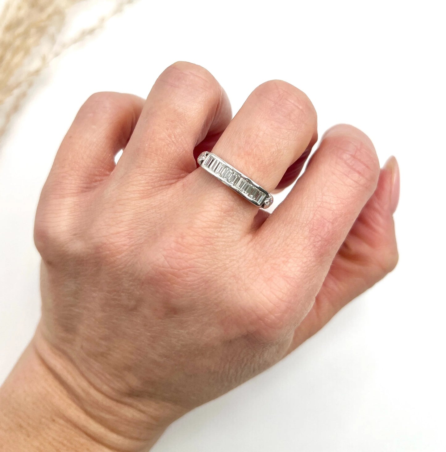 Vintage Platinum Emerald Cut Diamond Half Eternity Ring, Circa 1990