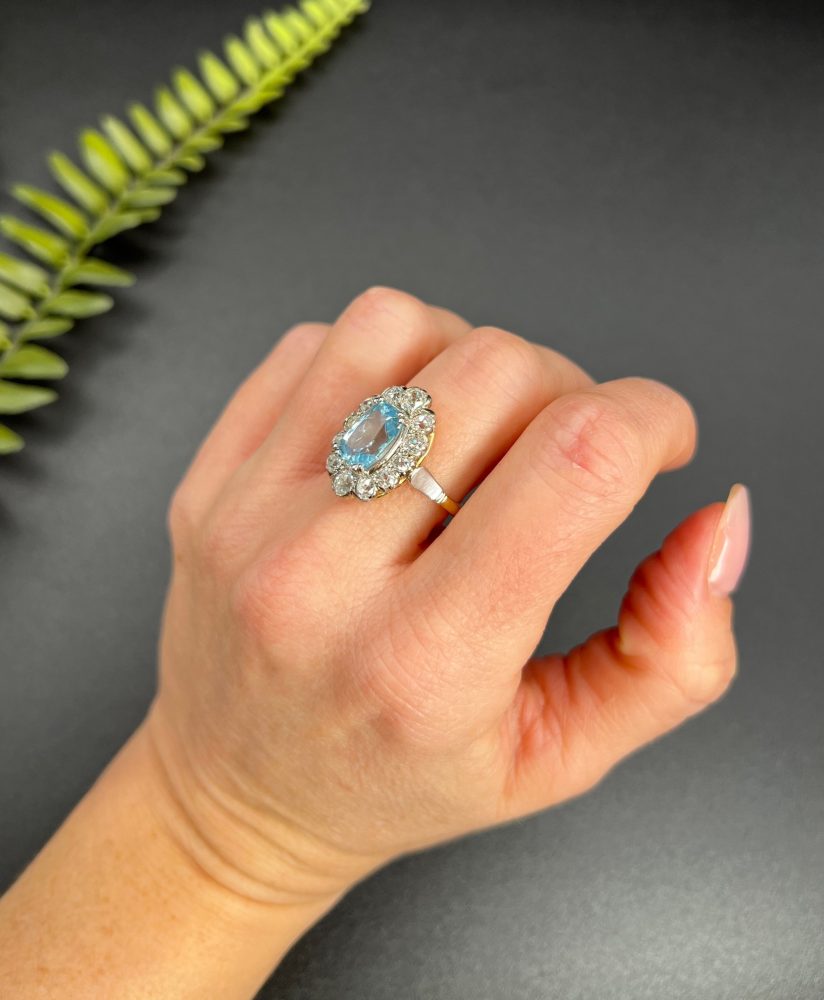 Vintage 2ct Aquamarine and Diamond Cluster Engagement Ring