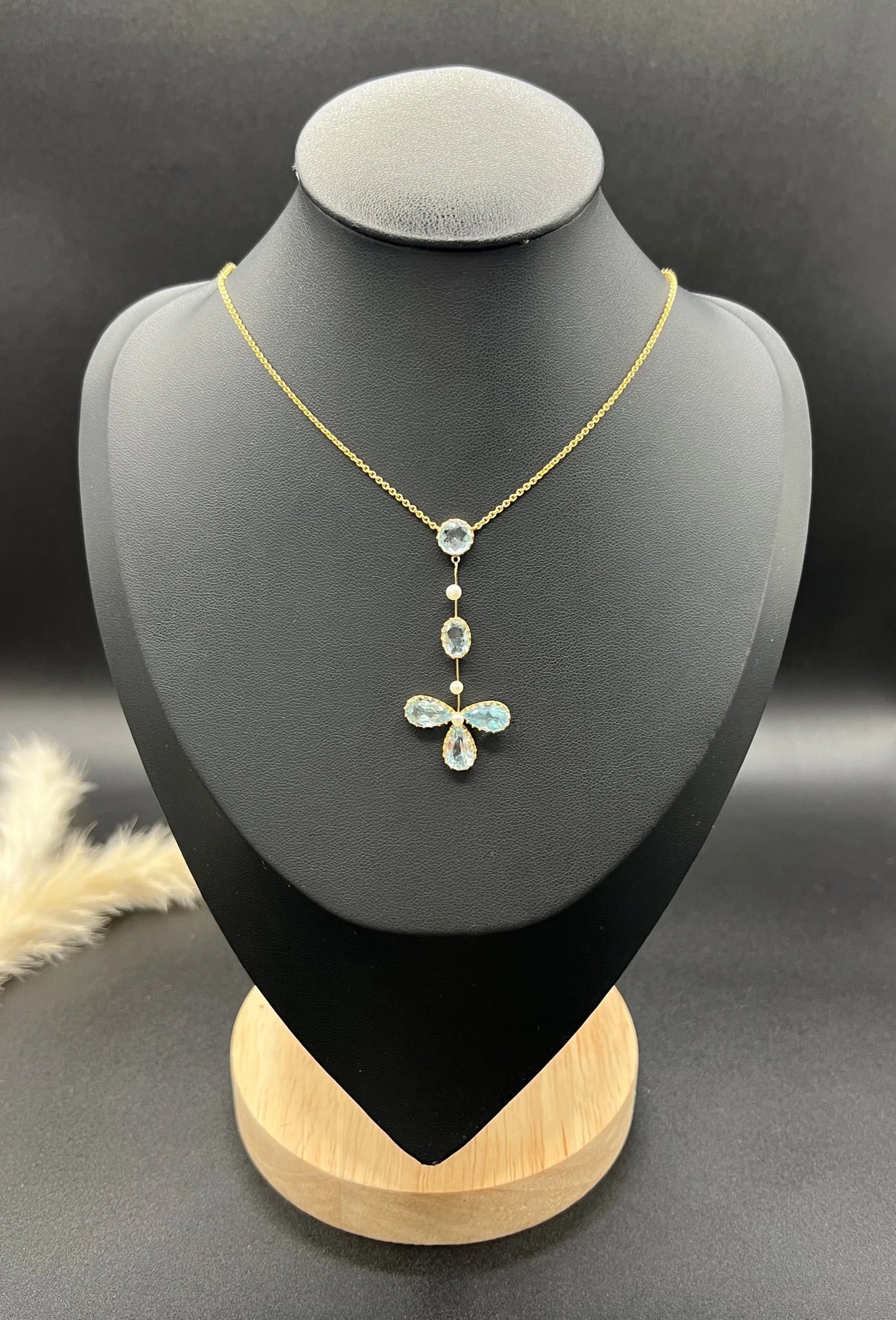 Antique 9 ct Yellow Gold, Edwardian Aquamarine And Pearl Floral Pendulum Drop Pendant