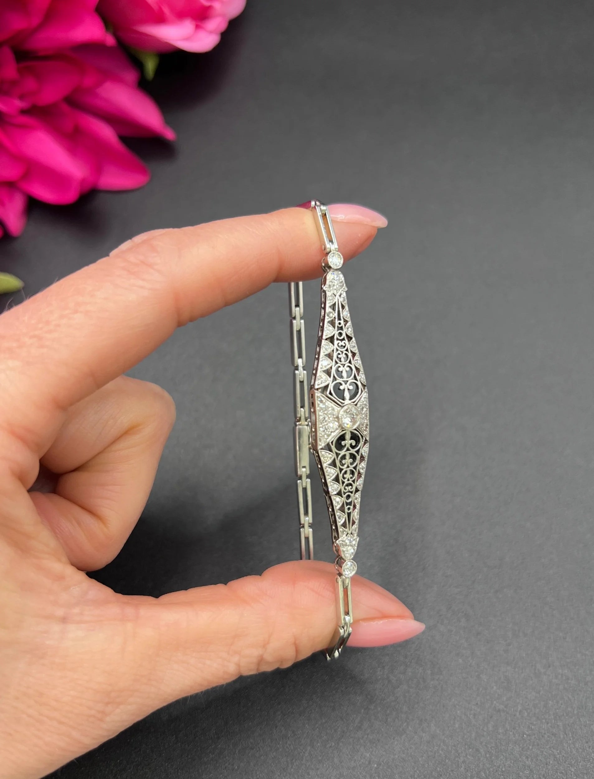 Antique Platinum, Original Art Deco Onyx & Diamond Bracelet