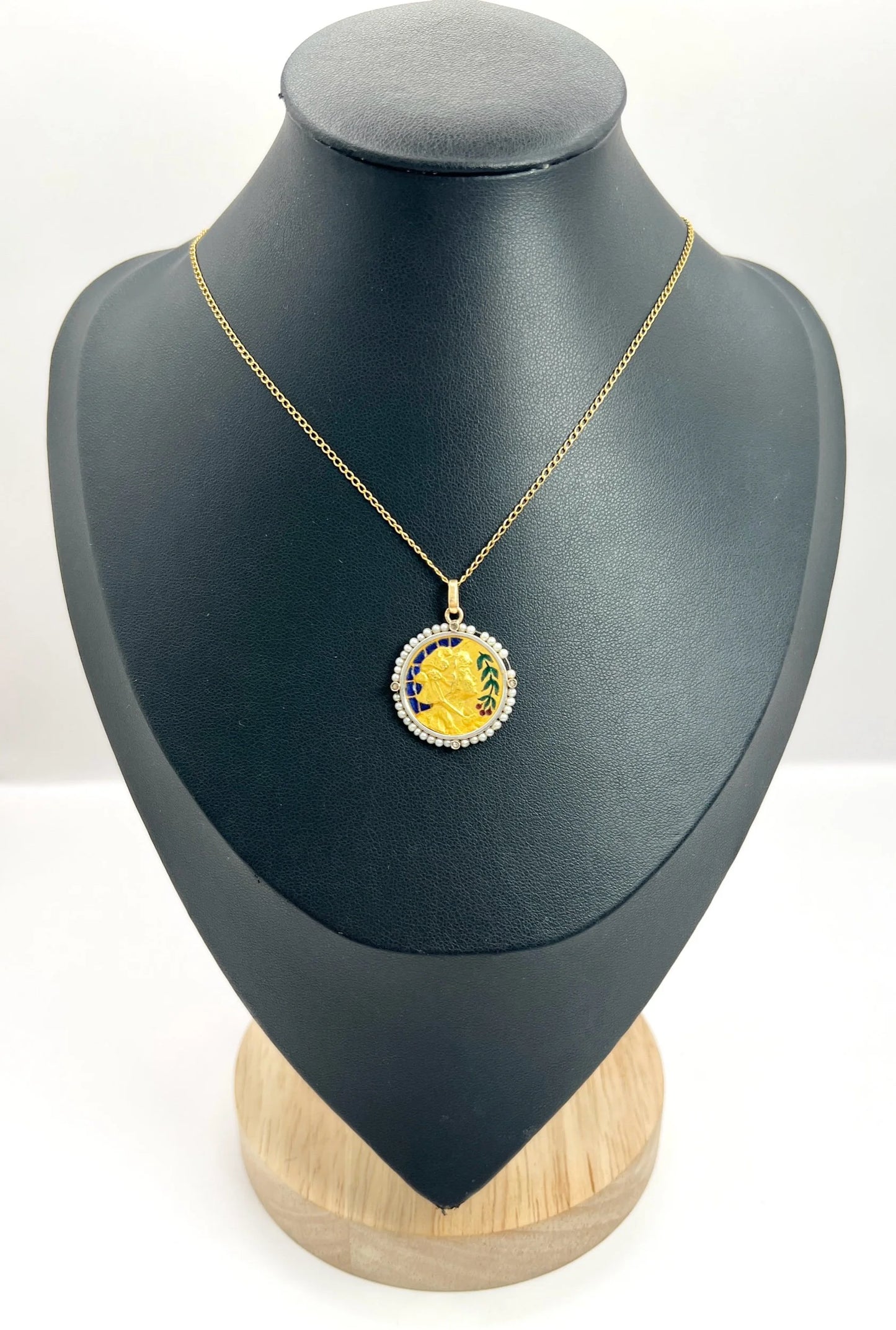 Antique 18 Carat Yellow Gold Plique a Jour and Seed Pearl Lady Portrait Pendant