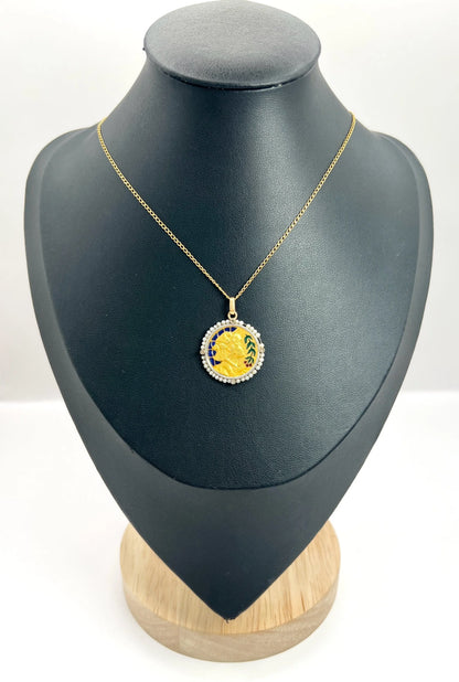Antique 18 Carat Yellow Gold Plique a Jour and Seed Pearl Lady Portrait Pendant