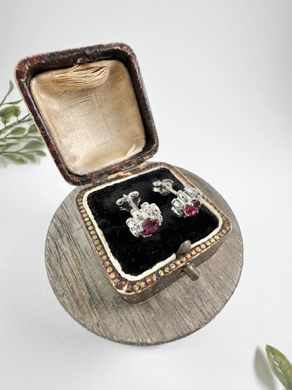 Preloved 18ct White Gold, Ruby & Diamond Cluster Stud Earrings