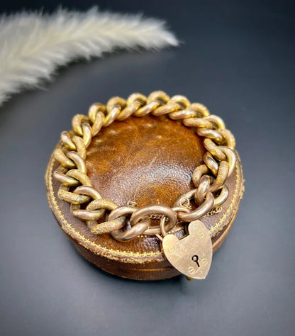 Antique 9 Carat Rose Gold Night & Day Curb Bracelet With Heart Padlock Clasp