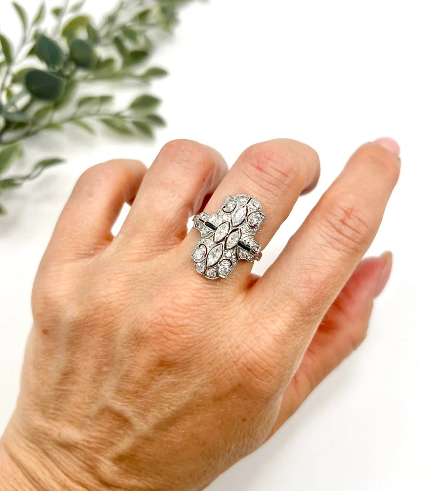 Vintage Marquise Diamond and Onyx Plaque Ring