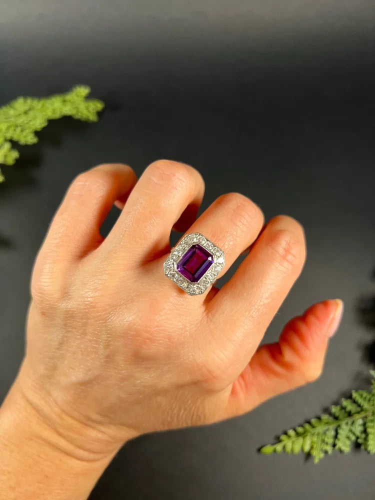 Antique Art Deco Amethyst and Diamond Rectangular Cluster Engagement Ring