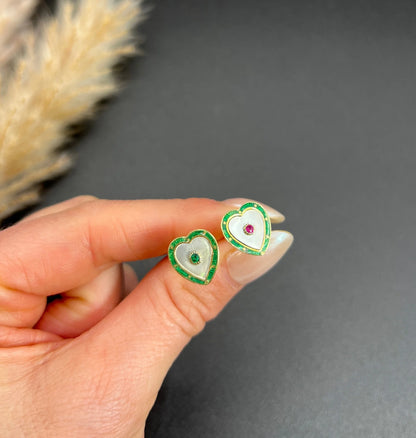 Antique 15ct Yellow Gold, 1920s Mother of Pearl, Green Enamel, Ruby & Emerald Heart Shaped Stud Earrings
