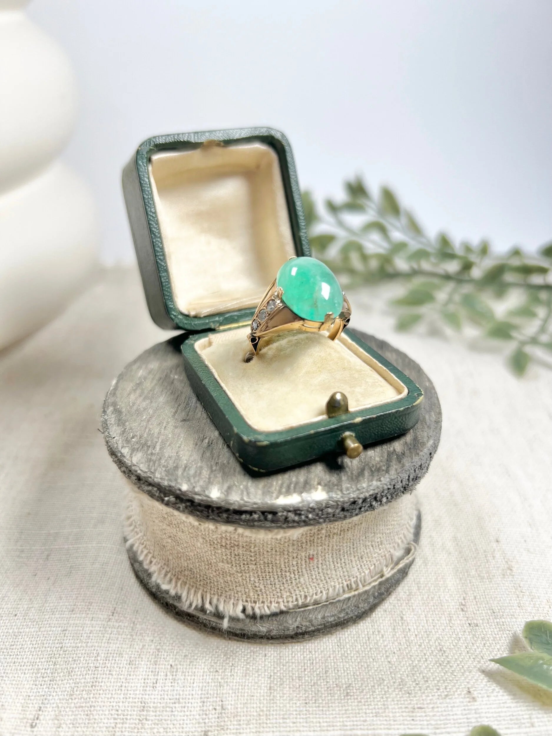 Vintage 14 Carat Rose Gold Cabochon Emerald and Diamond Ring, Circa 1960