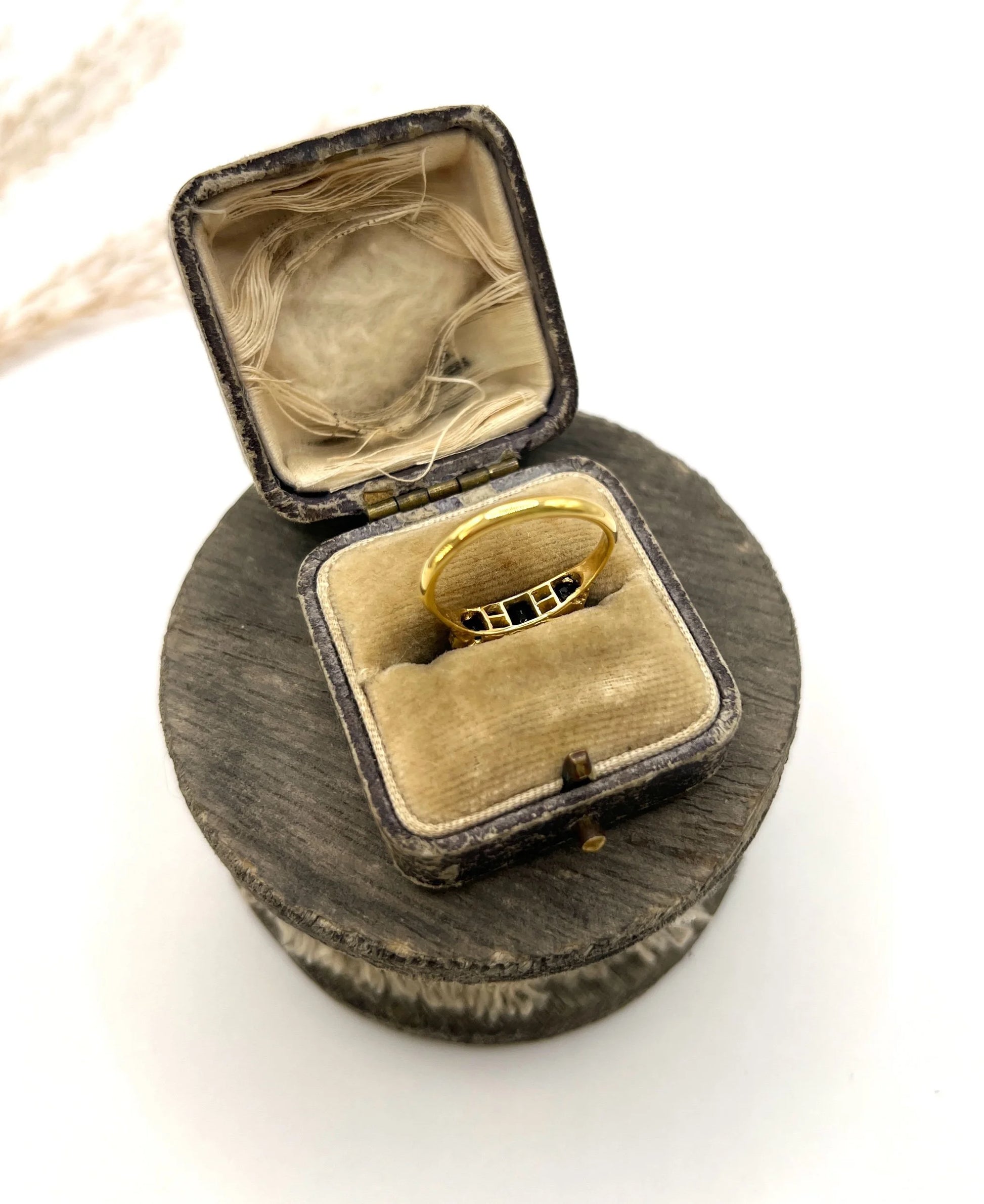 Antique 18 Carat Yellow Gold, Victorian Sapphire And Diamond Carved Seven Stone Ring