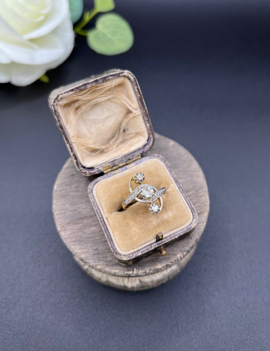 Antique 18 ct Gold And Platinum, 3 Stone Diamond Belle Époque Ring