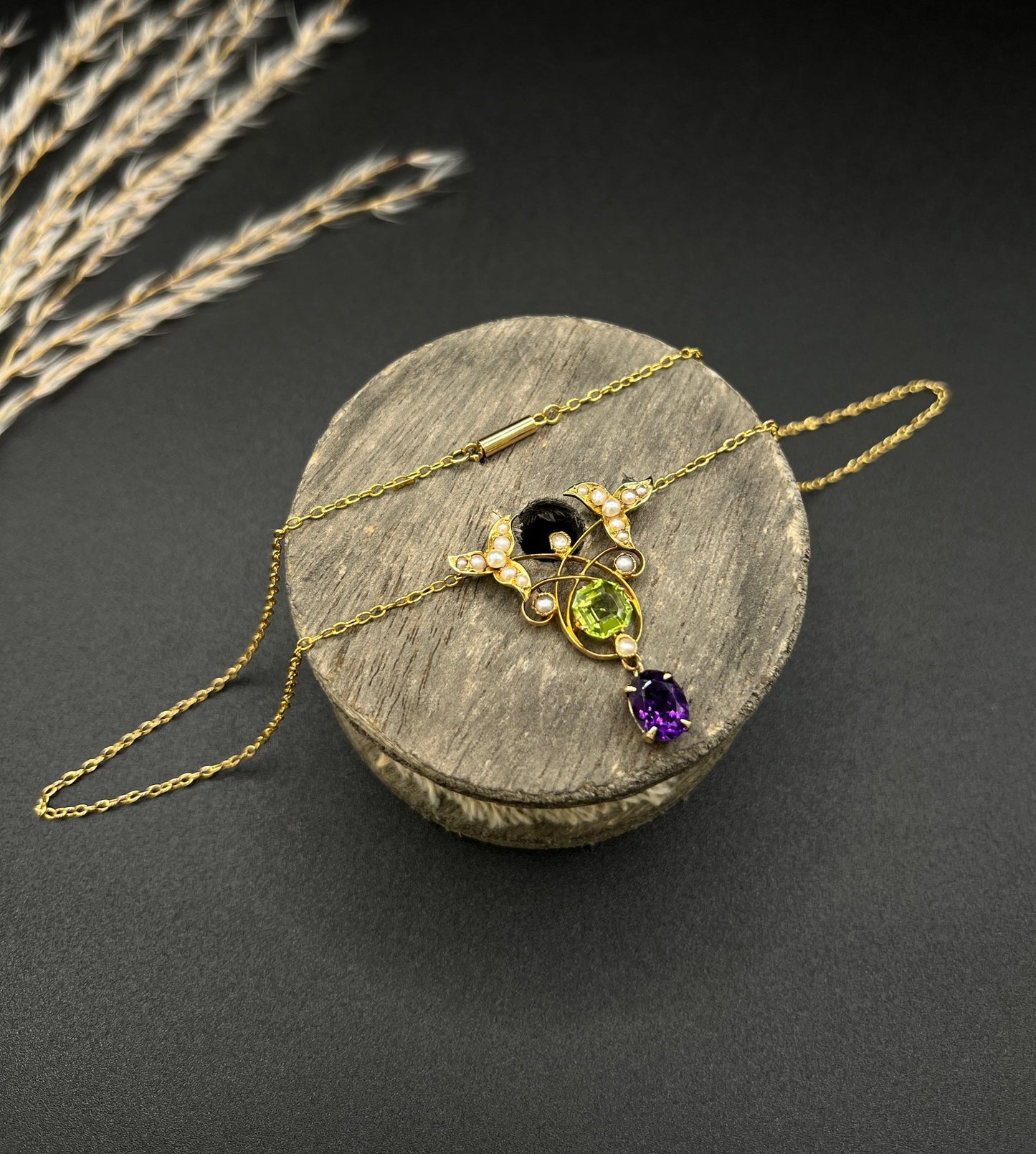 Antique 9 ct Gold Edwardian Suffragette Pendant Necklace With Amethyst, Peridot And Seed Pearls
