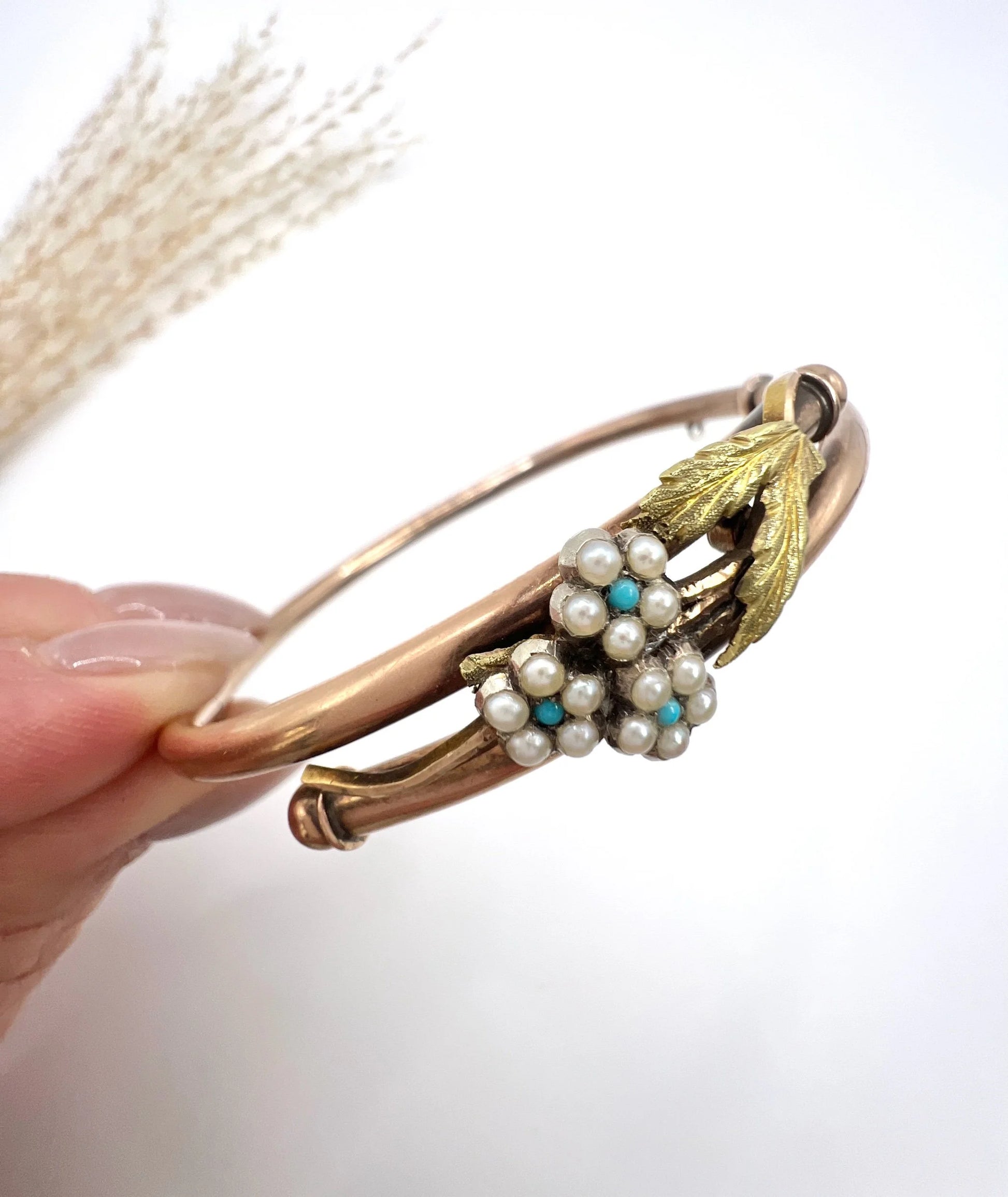 Antique 9 Carat Rose Gold Turquoise and Seed Pearl Forget Me Not Bangle, Circa 1910