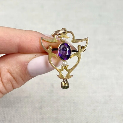 Antique 9ct Gold, Edwardian Amethyst, Pearl & Peridot Suffragette Pendant/Brooch