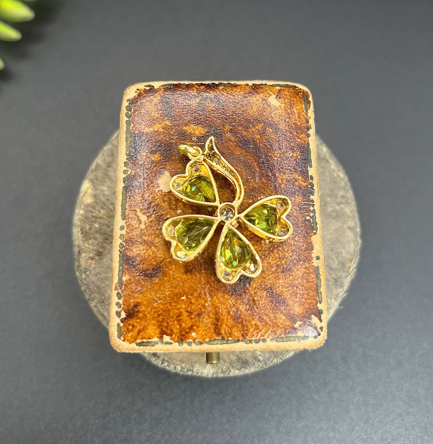 Edwardian Antique Peridot and Diamond Four Leaf Clover Pendant