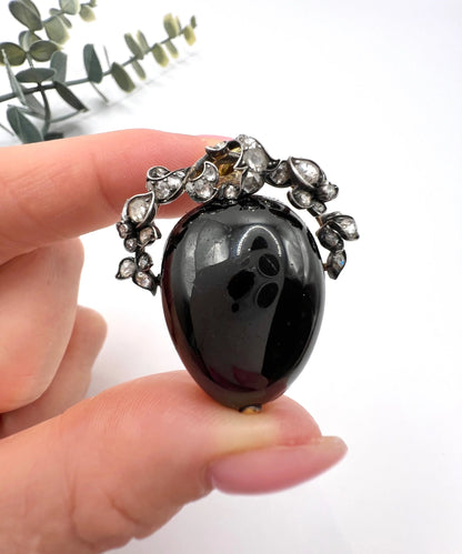 Early Victorian Antique Cabochon Garnet and Diamond Locket Pendant in Original Henry Tessier Box