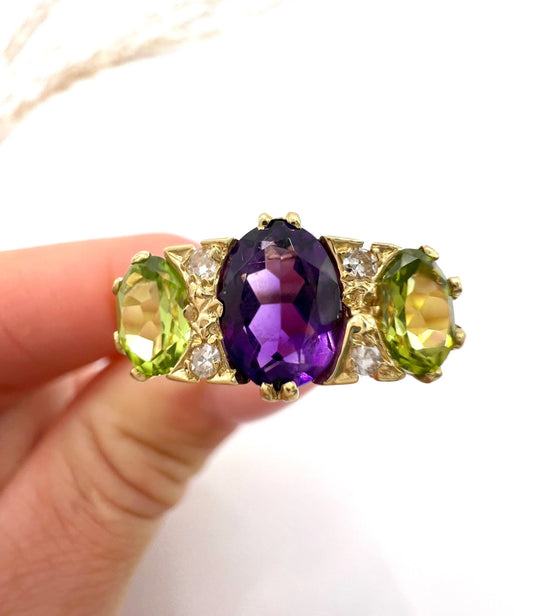 Antique 18 Carat Yellow Gold Edwardian Amethyst, Diamond and Peridot Suffragette Ring