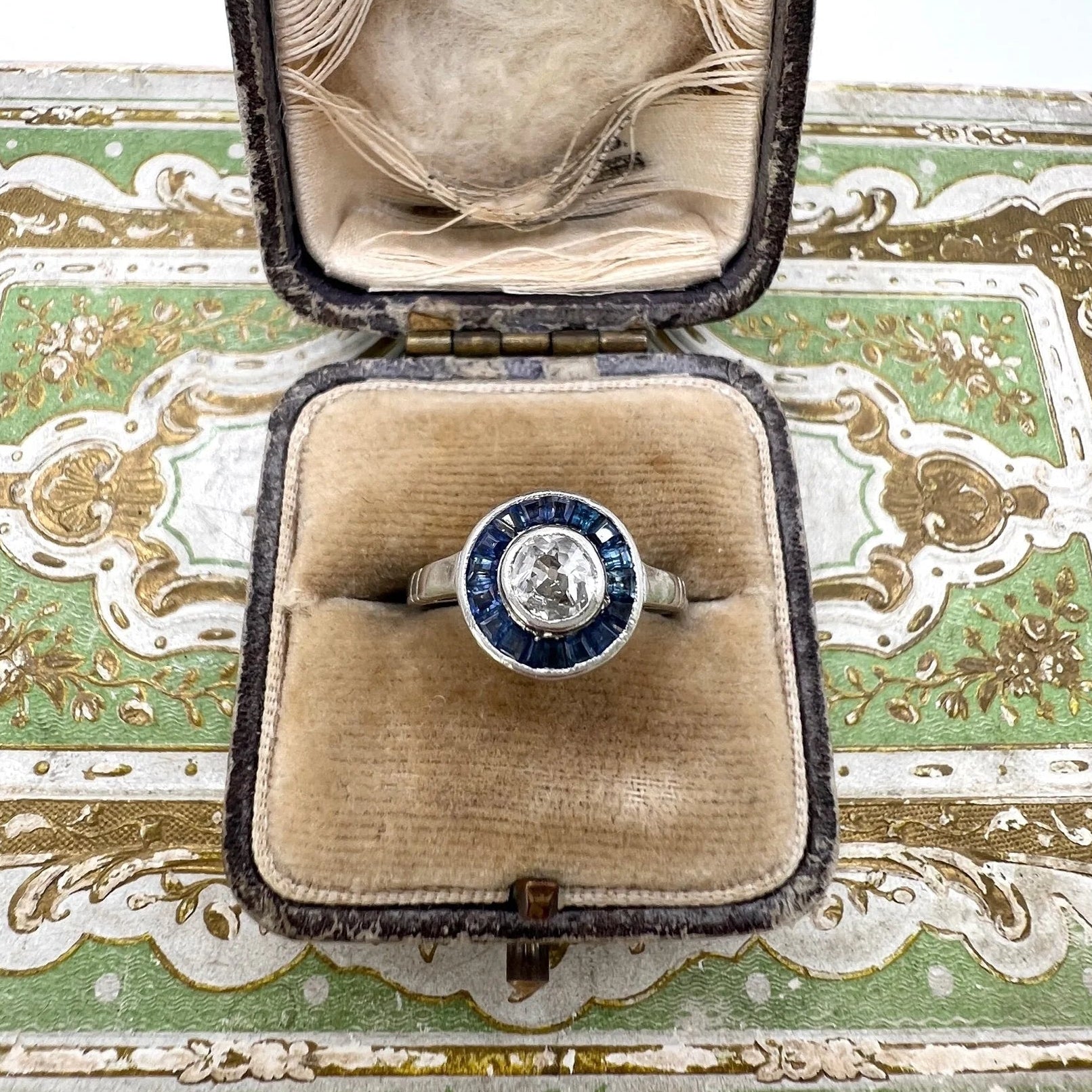 Antique Vintage Art Deco 0.35ct Old Cut Diamond and Sapphire Target Cluster Engagement Ring