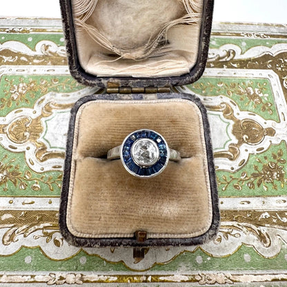 Antique Vintage Art Deco 0.35ct Old Cut Diamond and Sapphire Target Cluster Engagement Ring