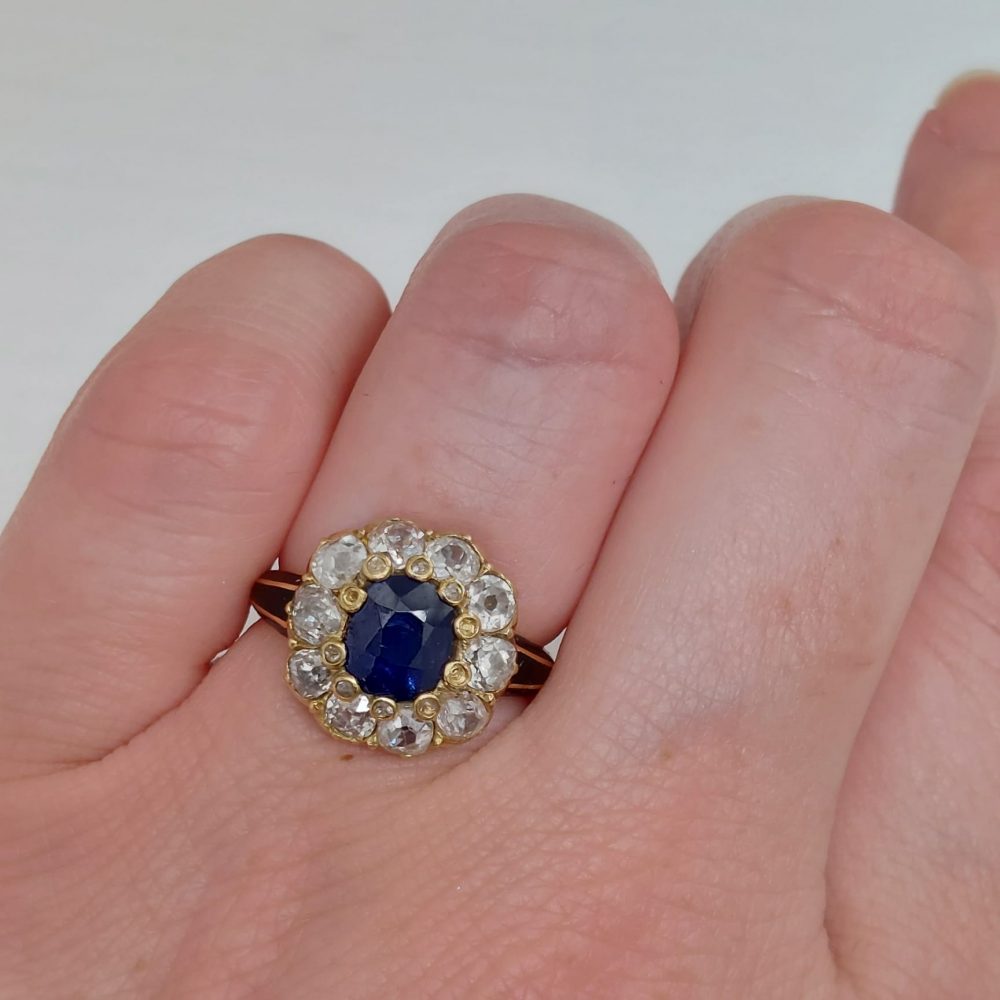 Antique Sapphire and Diamond Cluster Ring with Enamel