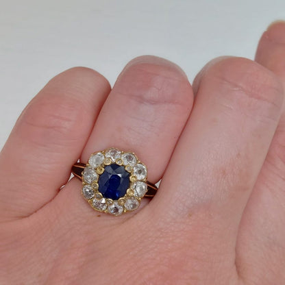 Antique Sapphire and Diamond Cluster Ring with Enamel