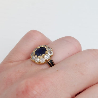 Antique Victorian 1ct Sapphire and Old Cut Diamond Cluster Ring with Enamel Shoulders in 18ct yellow gold