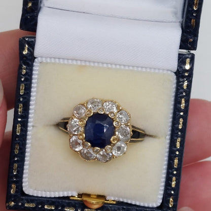 Antique Victorian 1ct Sapphire and Old Cut Diamond Cluster Ring with Enamel Shoulders in 18ct yellow gold