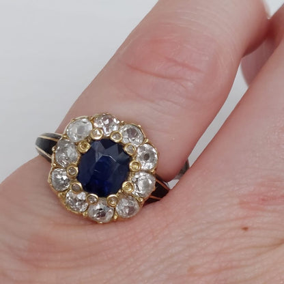 Antique Victorian 1ct Sapphire and Old Cut Diamond Cluster Ring with Enamel Shoulders in 18ct yellow gold