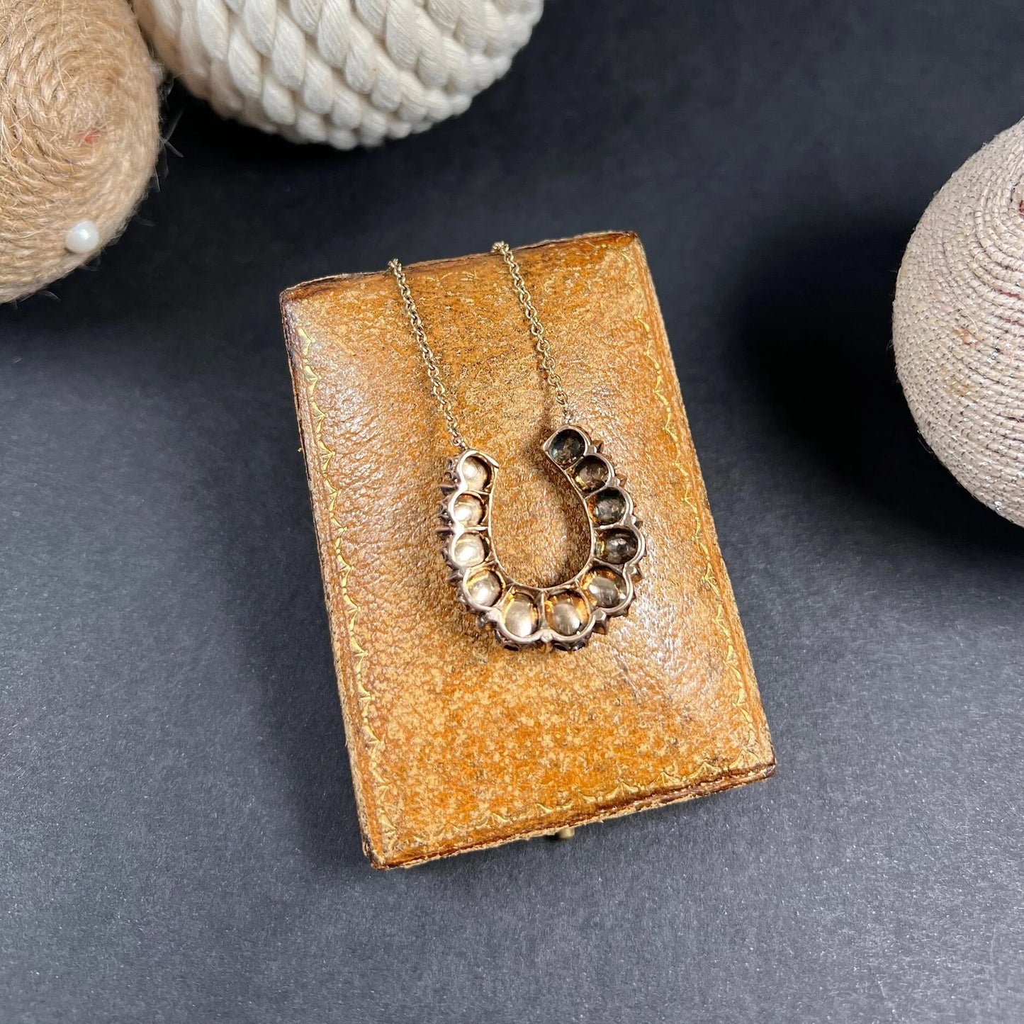 Victorian Antique Garnet and Diamond Horseshoe Pendant Necklace in Rose Gold