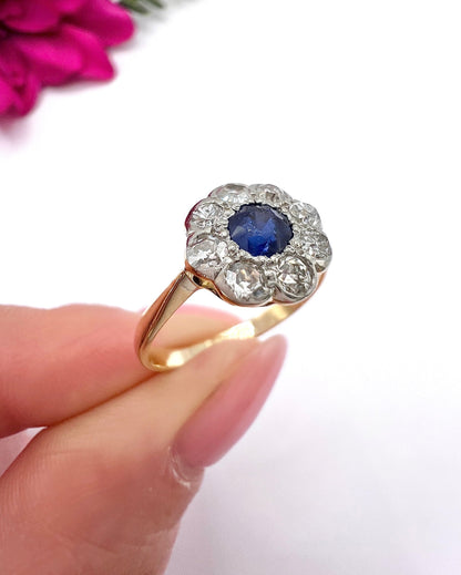 Antique 18 ct Yellow Gold And Platinum, Edwardian Sapphire And Diamond Daisy Cluster Ring