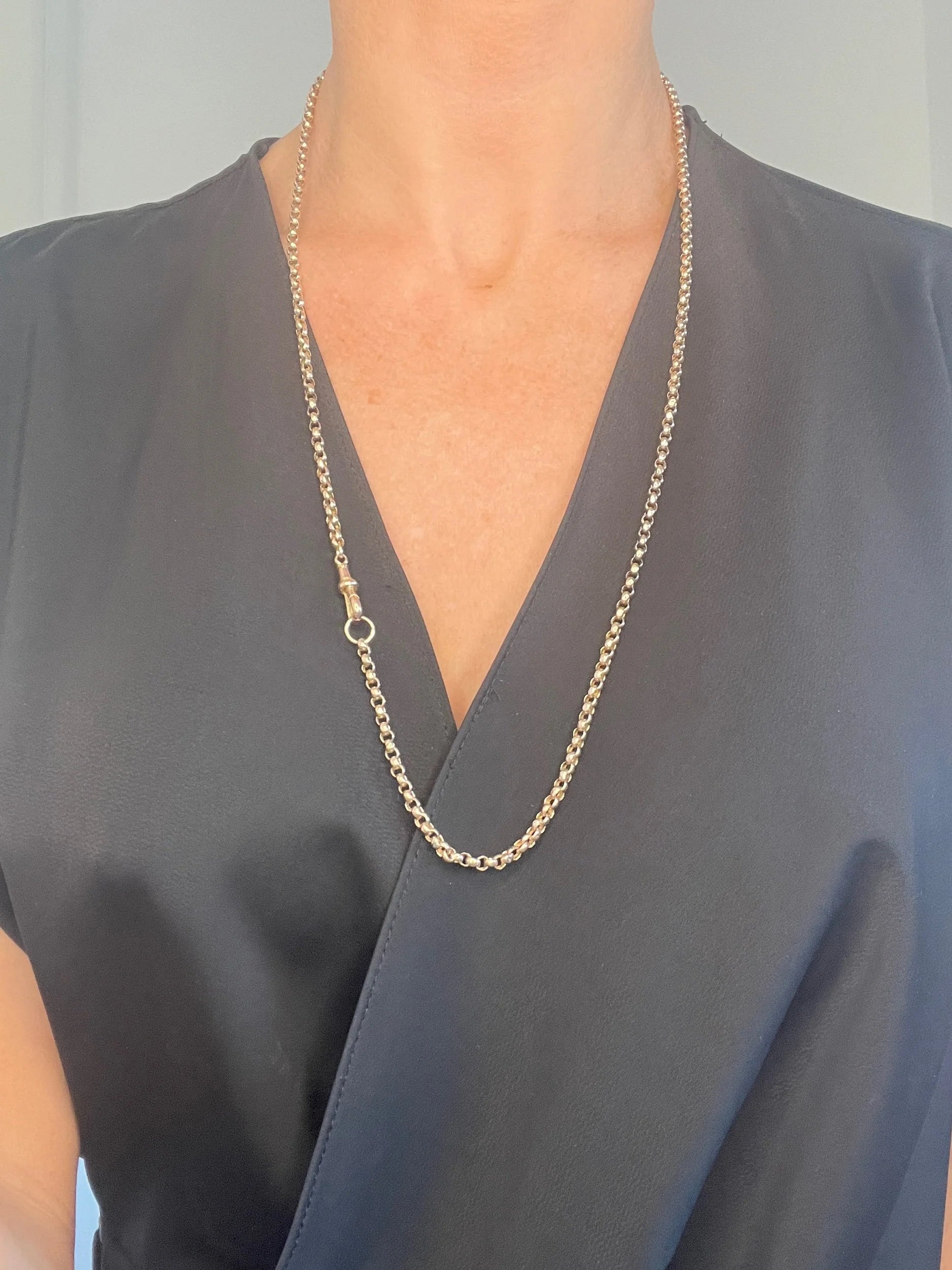 Antique 9 ct Rose Gold Edwardian Faceted Round Belcher Link Chain With Swivel Dog Clip