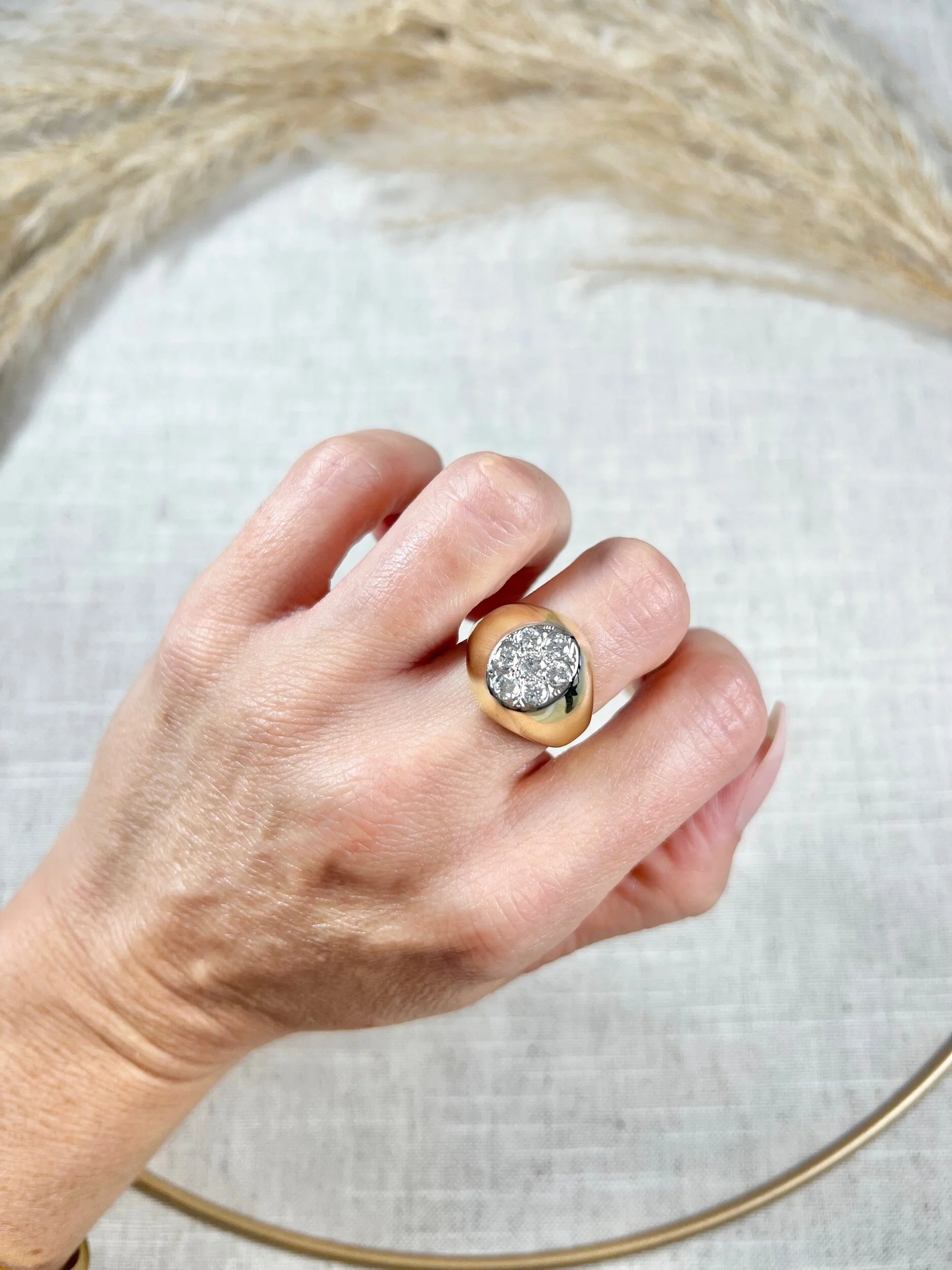 Vintage French Diamond Encrusted Oval Shaped Signet Ring