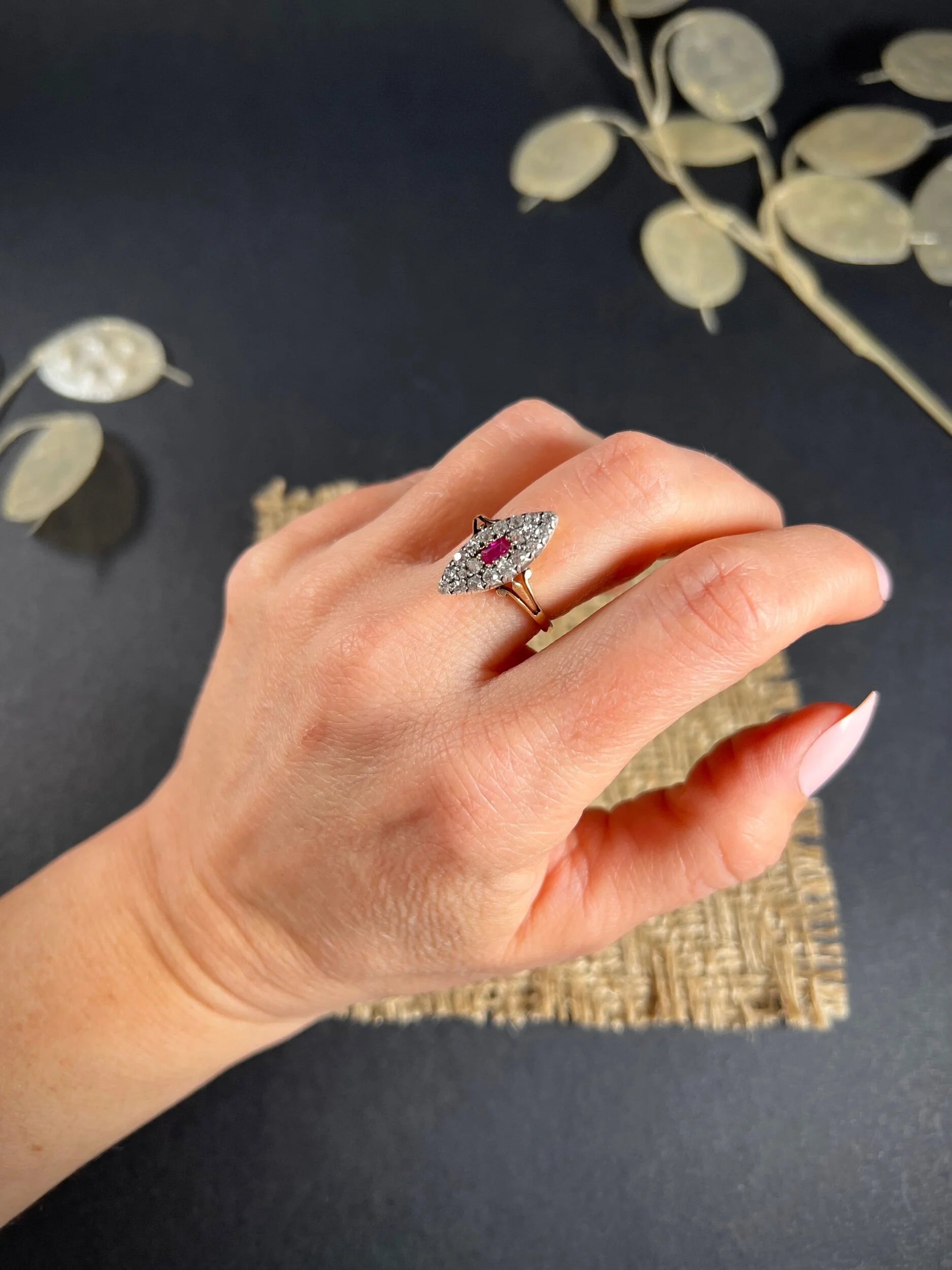 Antique Victorian 18 ct Gold Ruby And Diamond Marquise Ring