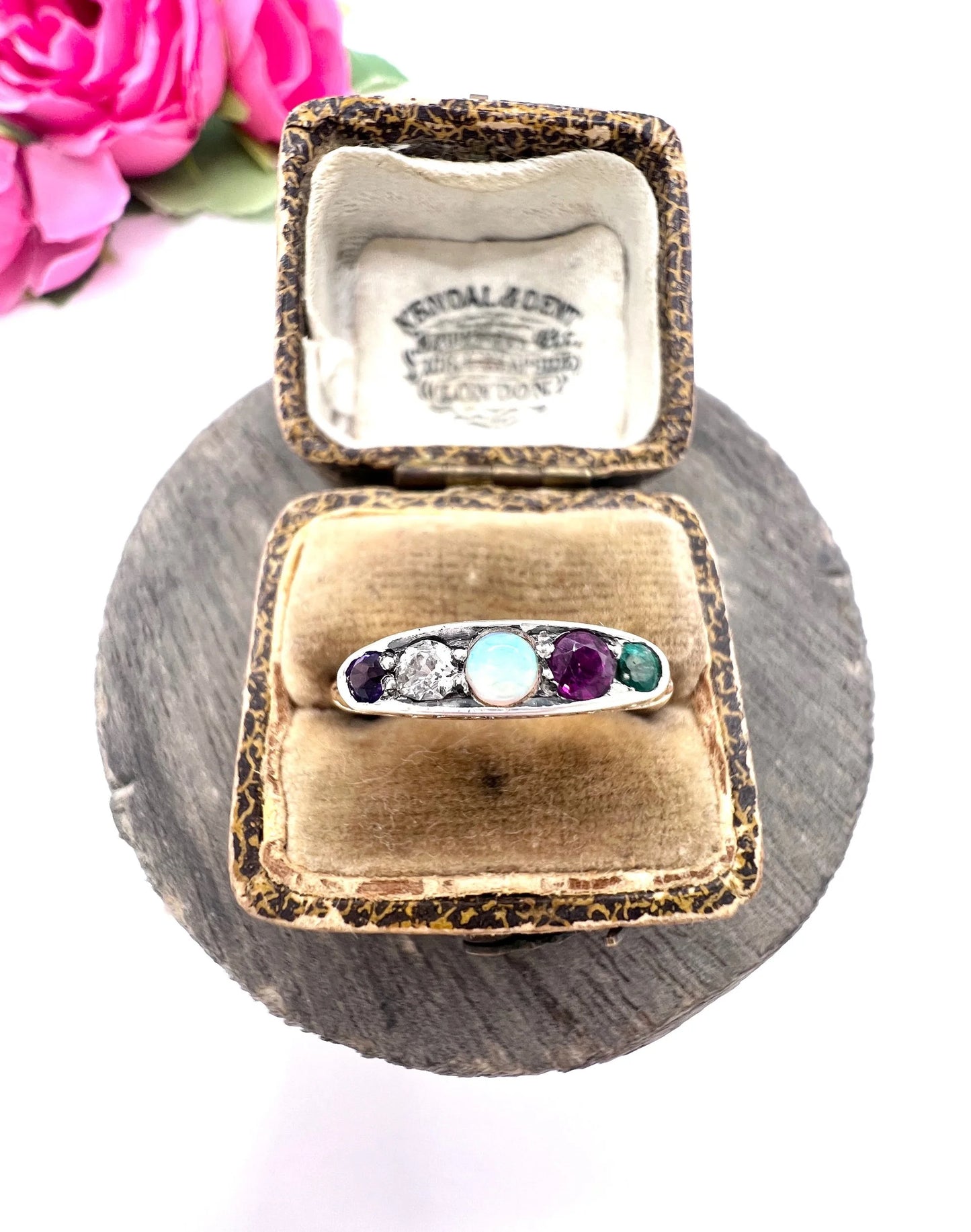 Antique 18 Carat Gold ADORE Amethyst, Diamond, Opal, Ruby and Emerald Acrostic Ring