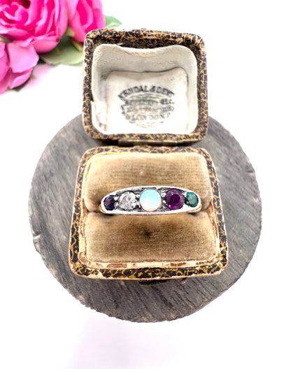 Antique 18 Carat Gold ADORE Amethyst, Diamond, Opal, Ruby and Emerald Acrostic Ring