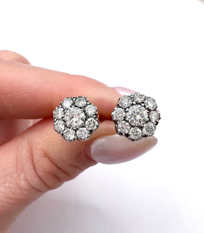 A pair of diamond daisy cluster stud earrings in yellow and white gold, held in a hand