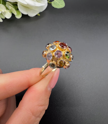 Vintage 18 ct Gold, 1950's Gemstone Set Sputnik Orb Ring