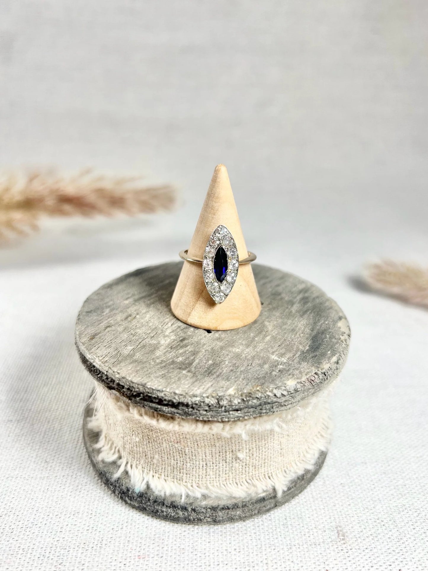 Edwardian 18 Carat Gold and Platinum Sapphire Diamond Marquise/Navette Ring
