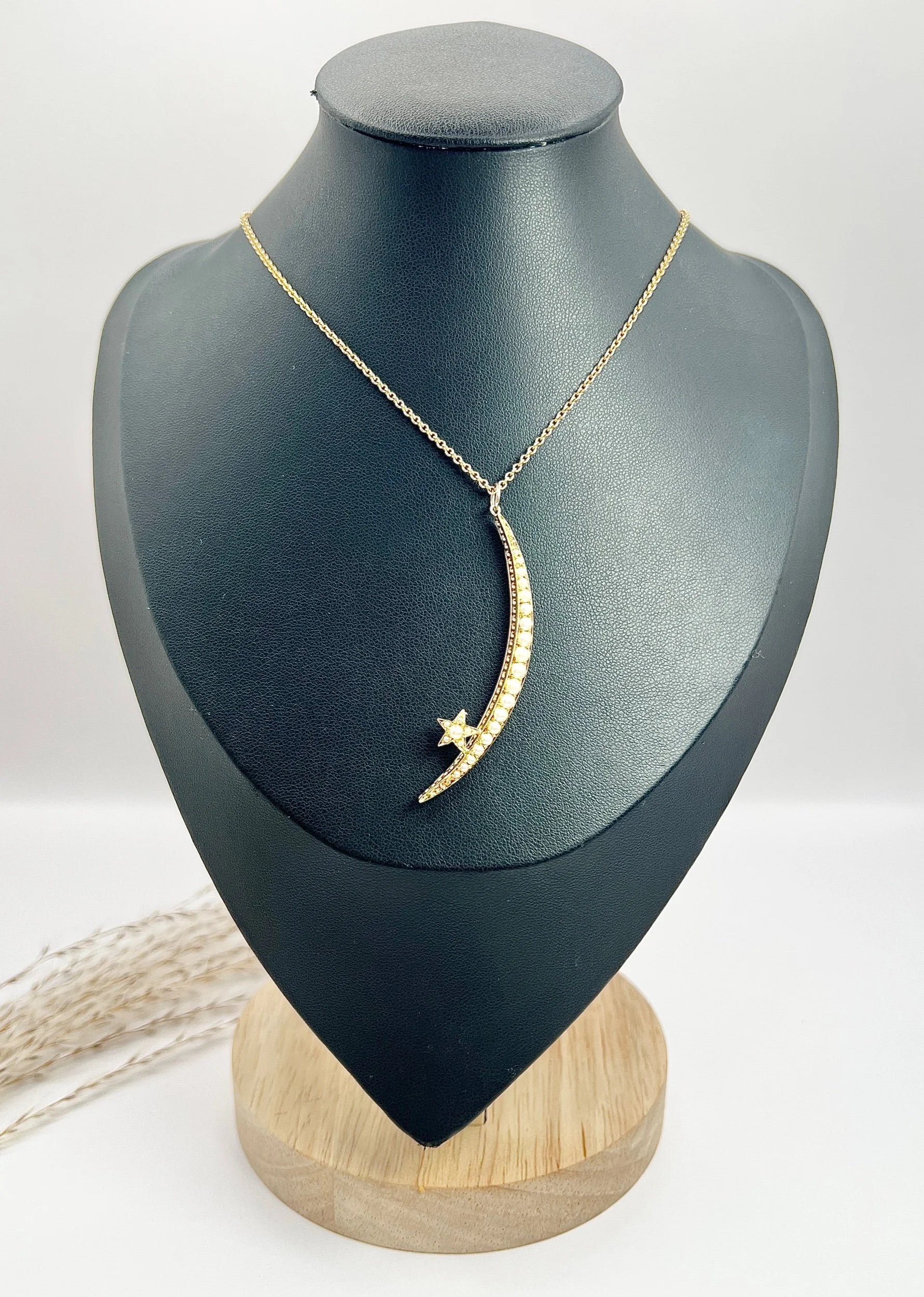 Antique 15ct Gold, Edwardian Pearl Crescent Moon & Star Pendant, Celestial Jewellery