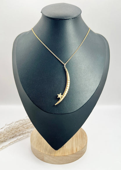 Antique 15ct Gold, Edwardian Pearl Crescent Moon & Star Pendant, Celestial Jewellery
