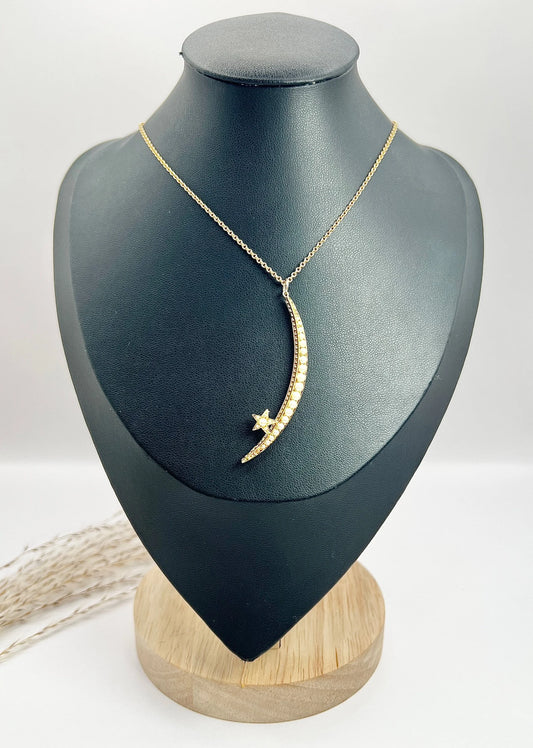 Antique 15ct Gold, Edwardian Pearl Crescent Moon & Star Pendant, Celestial Jewellery