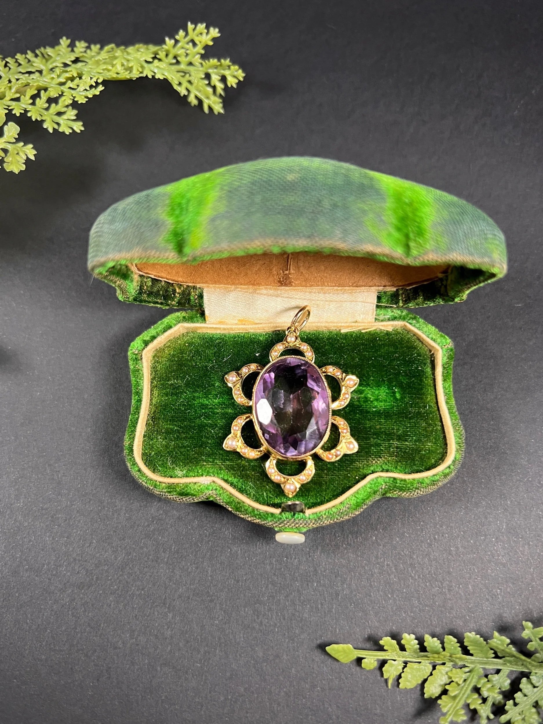 Antique 15 ct Yellow Gold, Edwardian Large Oval Faceted Amethyst And Seed Pearl Pendant