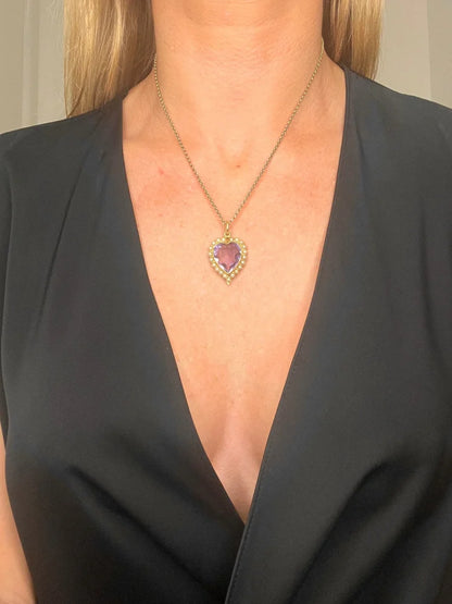 Antique Amethyst And Pearl Heart Pendant In 15 Carat Yellow Gold