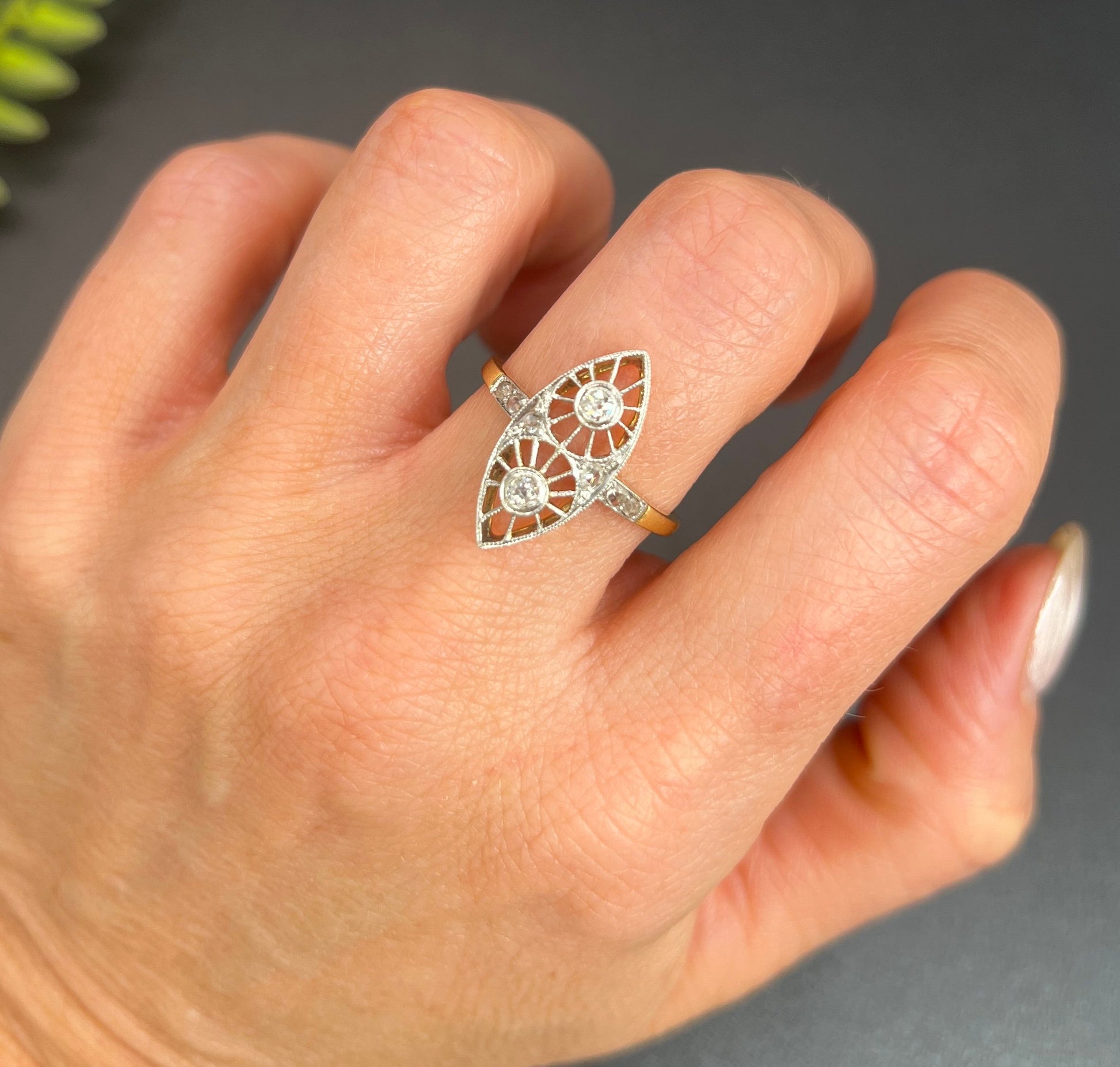 Antique 18 ct Gold And Platinum Open Work Diamond Marquise/Navette Shaped Ring