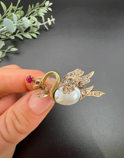 Antique Swan Brooch In 14 Carat Yellow And Rose Gold With Pearl, Rubies And Diamonds