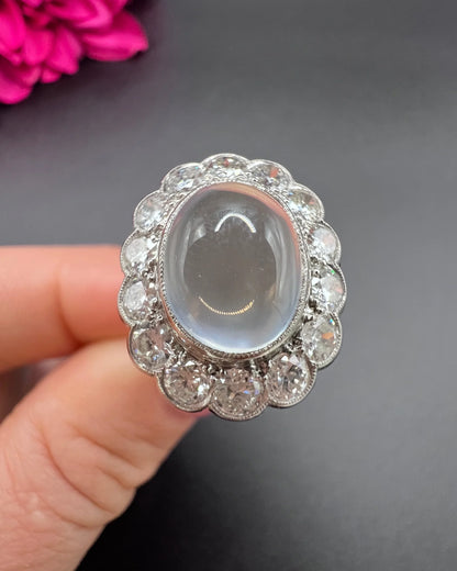 Antique French Platinum Cabochon Moonstone and Diamond Cluster Ring, Circa 1920