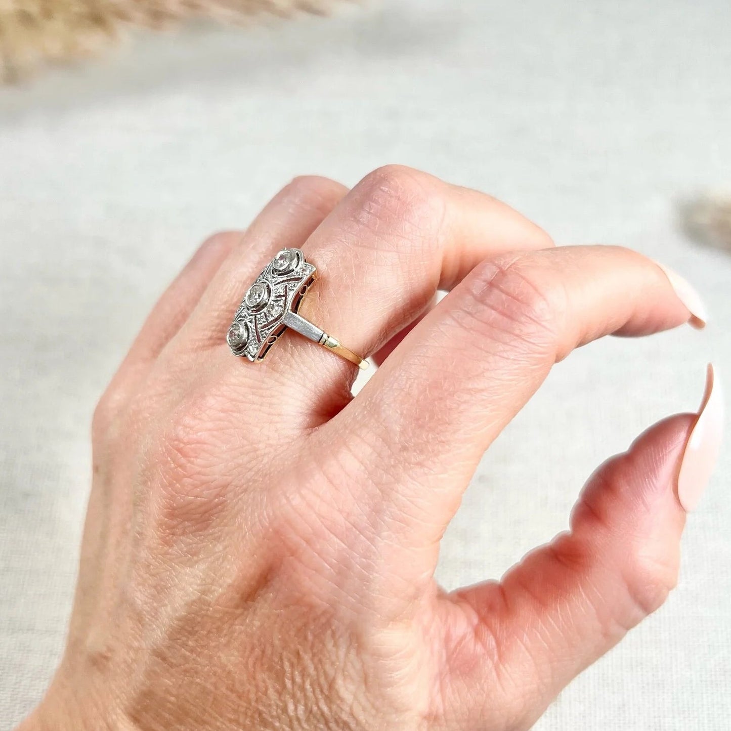 Edwardian Antique Old Cut Diamond Trilogy Cluster Plaque Ring in Platinum and 18ct Gold